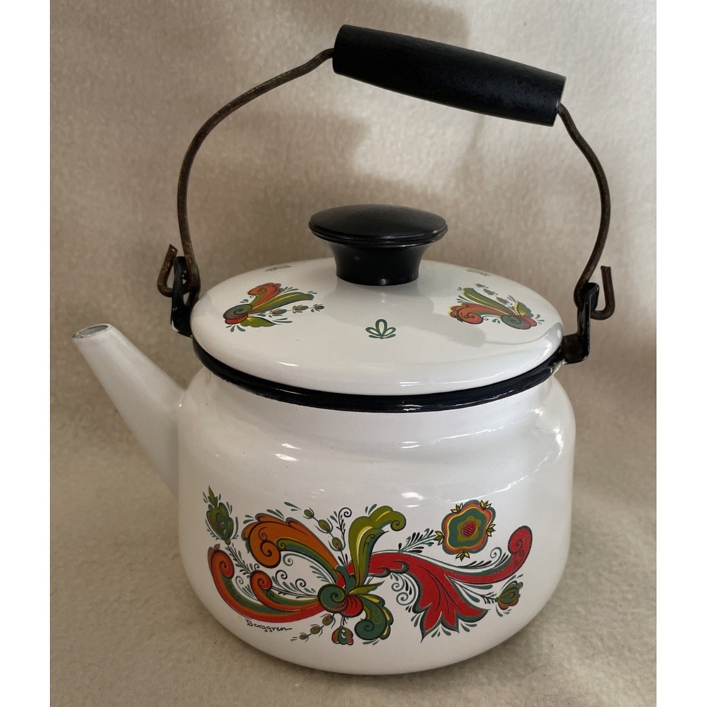 Vintage Berggren Enamel Tea Kettle Scandinavian Folk Art Bail Handle Floral 1970